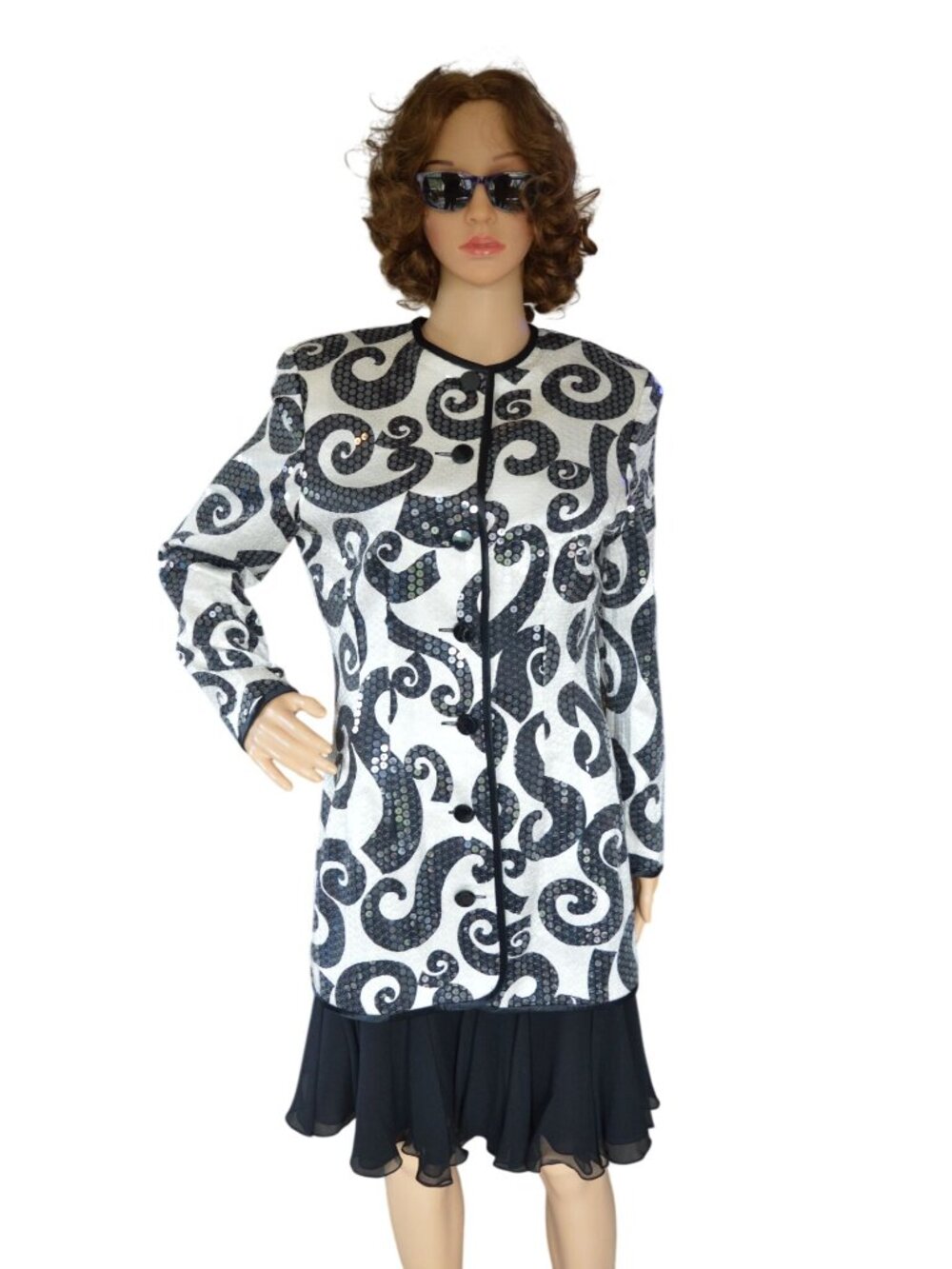 Vintage 80s A.J. Bari Sequined Silk Skirt Jacket 2 Piece Evening Set Size 12